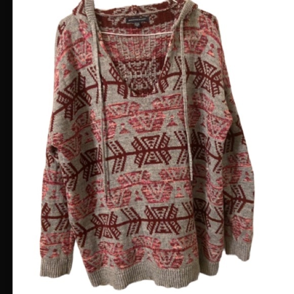 American Eagle Aztec Southwestern Baja Hoodie Long Sleeves Sweater - Picture 2 of 6